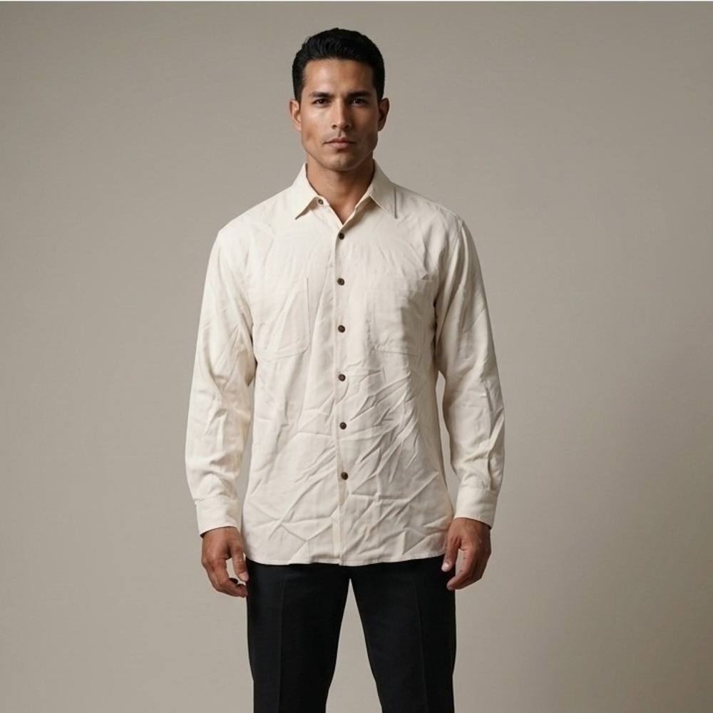 Tommy Bahama Mens Long Sleeve Button Down Shirt Cream Silk Medium